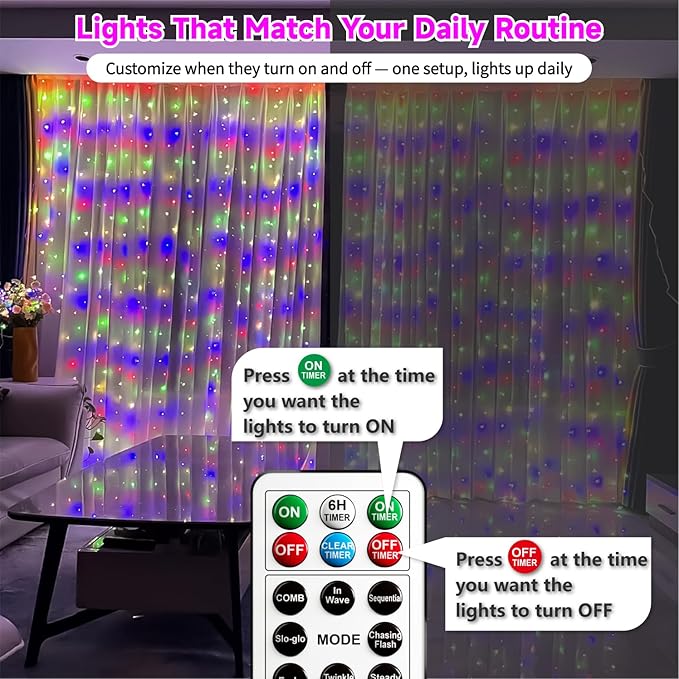 HXWEIYE 300LED Untangled Curtain Lights, 9.8x9.8Ft USB Fairy Twinkle String Lights with Remote and DIY Timer, 8 Modes Window Wall Hanging Light for Bedroom Dorm Backdrop Room Decor, Multicolor