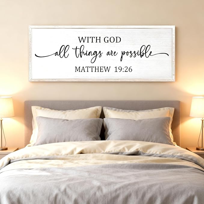 With God All Things are Possible Framed Wall Art, 40''×15'' Vintage Holy Religious Rustic Bible Verse for Christian God Jesus Christ Prayer, Positive Horizontal Inspirational Catholic Scripture Decor