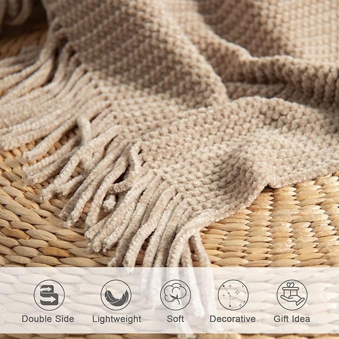 lifein Throw Blanket for Couch, Soft Boho Decor Bed Throw,Cozy Beige Knitted Chenille Small Farmhouse Lightweight Throw(Beige,50 * 60")