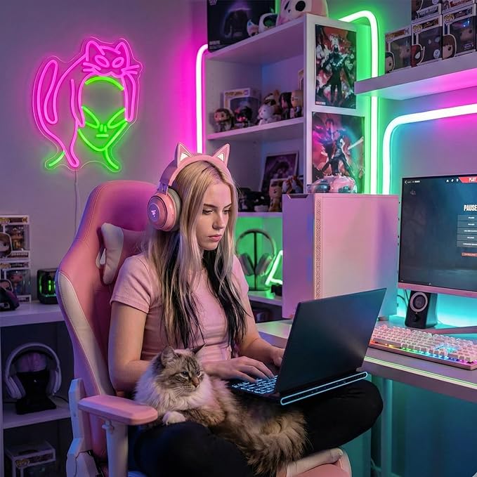 Alien Cat Neon Sign,Dimmable LED Neon Signs for Wall Decor,USB Powered Alien Neon Light for Bedroom, Game Room, Bar,Aesthetic Alien Cat Lover Decor