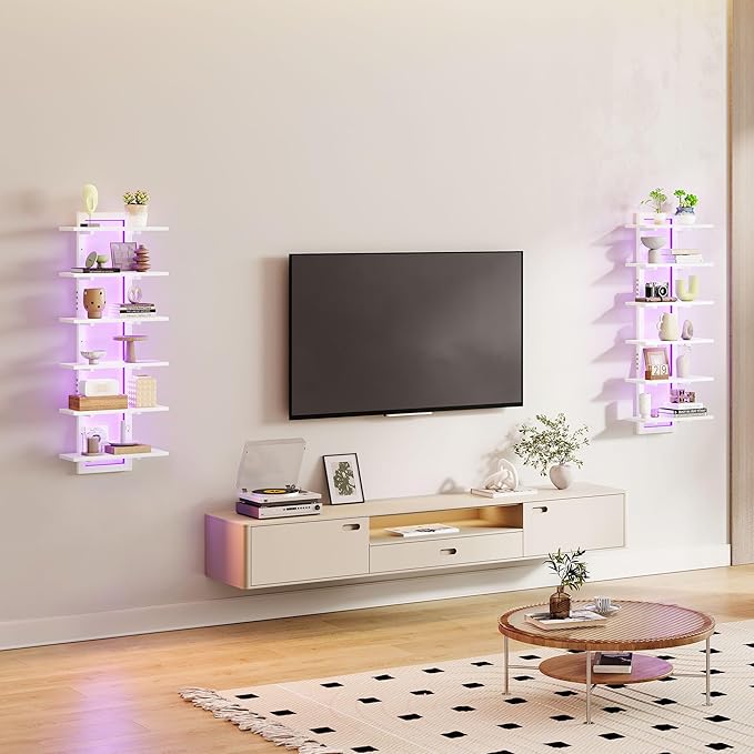 6 Tier Wall Shelf Unit with LED Light, White Floating Shelf, Vertical Display Shelf, Wall Decor for Bedroom, Living Room, Vanity, 15" W x 5.9" D x 43.3" H