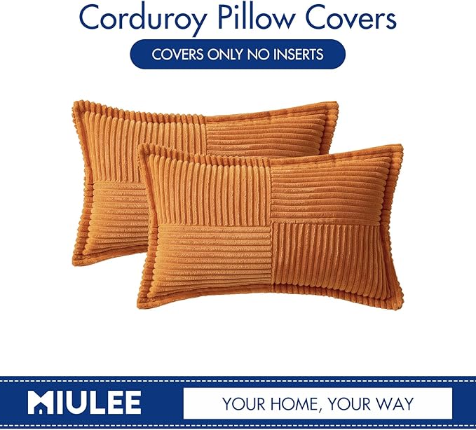 MIULEE Burnt Orange Decorative Lumbar Throw Pillow Covers for Couch Bed Livingroom 12x20 Inch Set of 2 Boho Accent Throw Pllows Broadside Striped Patchwork Soft Corduroy Pillowcases