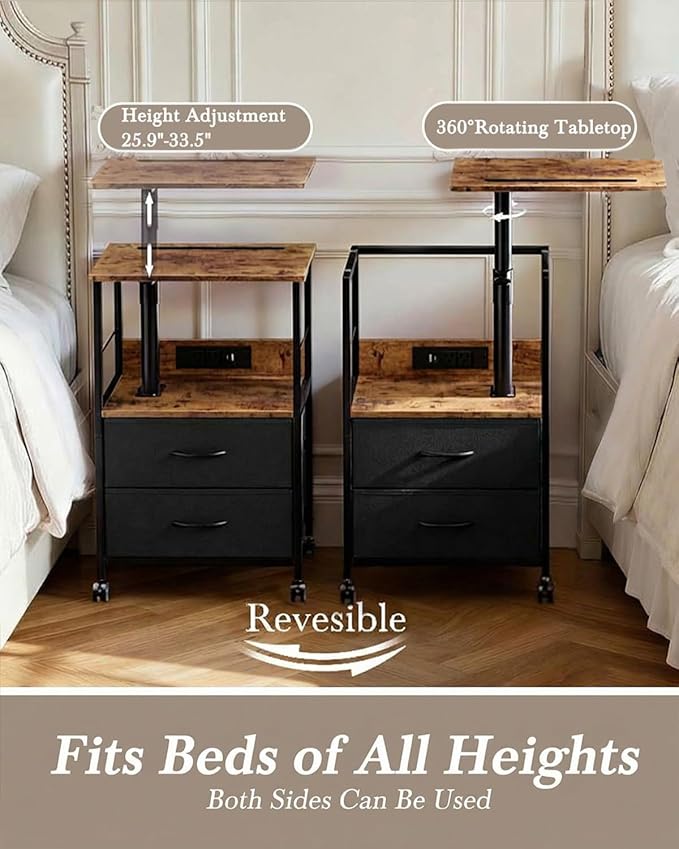 360° Swivel Nightstand with Height Adjustable, Lift Top Bedside Table with Charging Station, Rolling Night Stand with 2 Fabric Drawers, End Table with Wheels, for Bedroom, Living Room, Brown Black