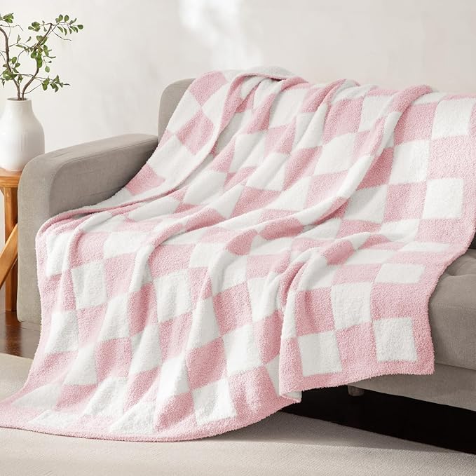 Whale Flotilla Checkered Knit Throw Blanket, Ultra Soft Warm Reversible Cozy Decorative Blankets for Couch Sofa and Bed, 50x60 Inch, Pink