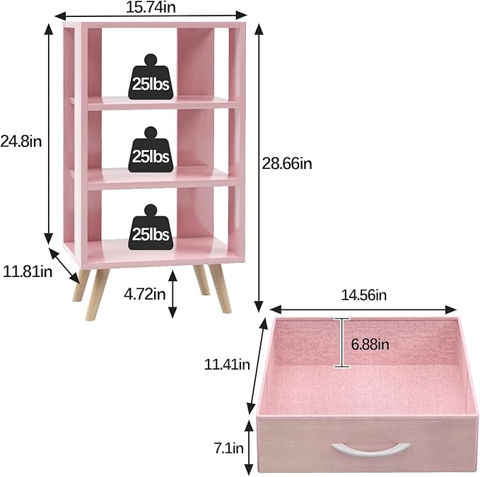 Night Stand, Pink Nightstand with Drawer, Side Table with Open Storage, 3-Tier Modern End Table, Bedside Table for Small Space, Living Room, Bedroom