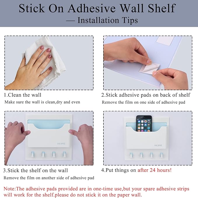 Bedside Shelf Organizer,Stick On Adhesive Wall Mounted Floating Shelf Entryway Mail/Keys Holder for Phone,Glasses,Remote Control - Good for Home,Dorm,Bedroom,Office (Horizontal Type/White)