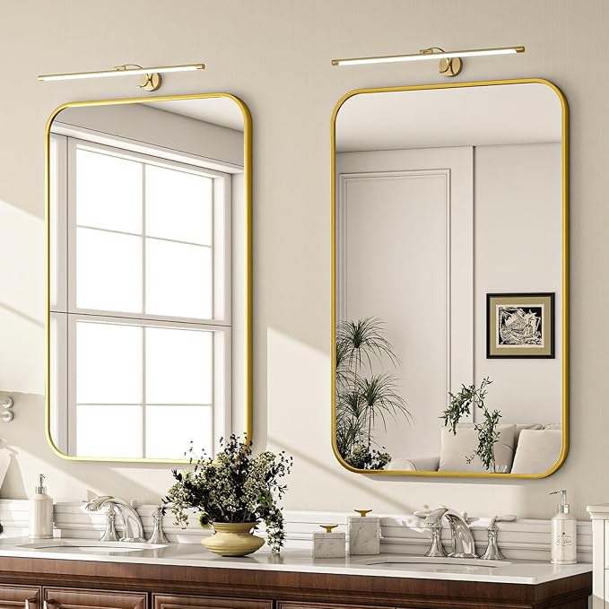 24x36 Inch Bathroom Mirror - Wall Mounted Vanity Mirror with Round Corner Aluminum Alloy Frame, Hanging Horizontally Vertically for Living Room, Bedroom, Hallway as Home Decor,Gold