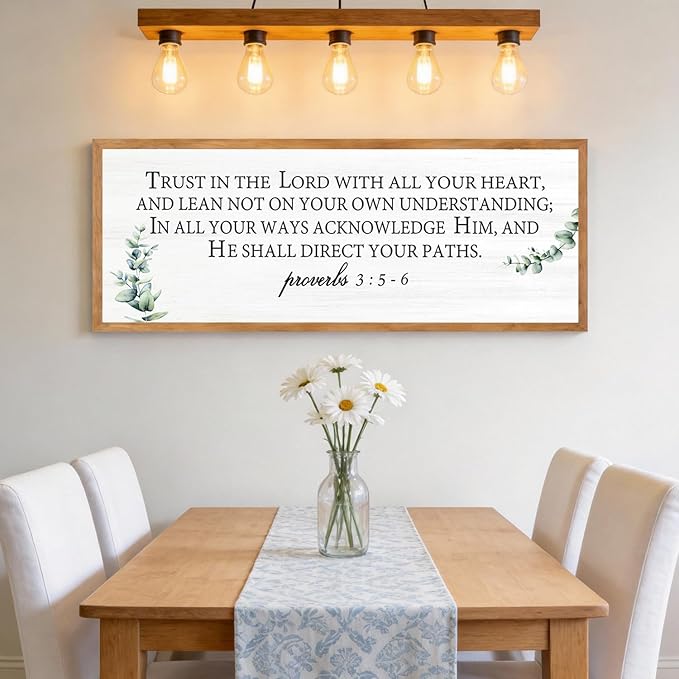 Trust in the Lord with All Your Heart Wall Art: 40"x15" Framed Bible Verse Wooden Sign, Proverbs 3:5–6 Christian Wall Decor, Large Rustic Scripture Home Decor, Natural