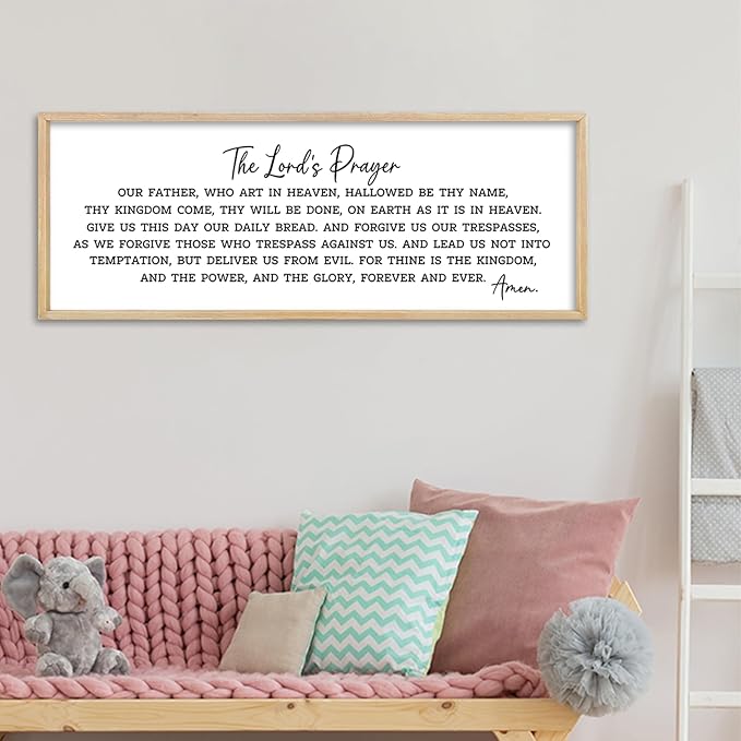 comurdyo The Lords Prayer Our Father Sign Wall Decor 40"X15" Bible Verse Quotes Christian Scripture Large Catholic Inspirational Wooden Framed Wall Hanging Art (Wood)