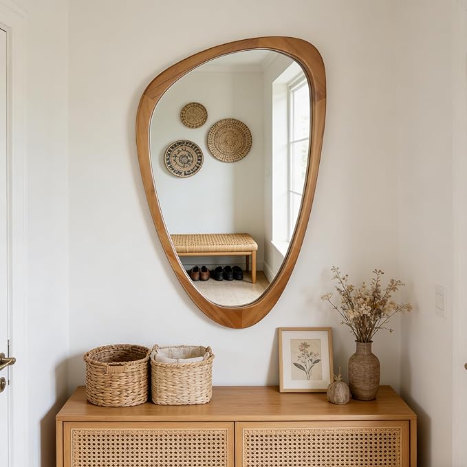 Irregular Wall Mirror Asymmetrical Bathroom Mirror, 19 x 30 Inch Wall Mounted Decorative Mirror with Wooden Frame for Living Room, Vanity, Bedroom, Entryway, Hallway