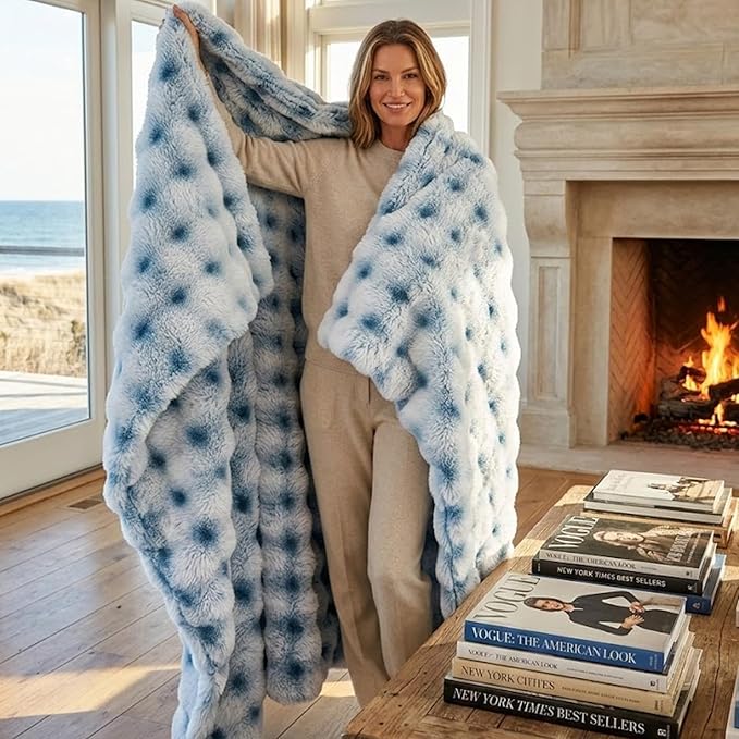Luxury 1000GSM Throw Blanket, 50x60 Inches, Ultra Soft Double-Sided 3D Bubble Textured Faux Rabbit Fur, Frosted Blue & White, Reversible High-Density Plush Warm Blanket for Sofa & Bed