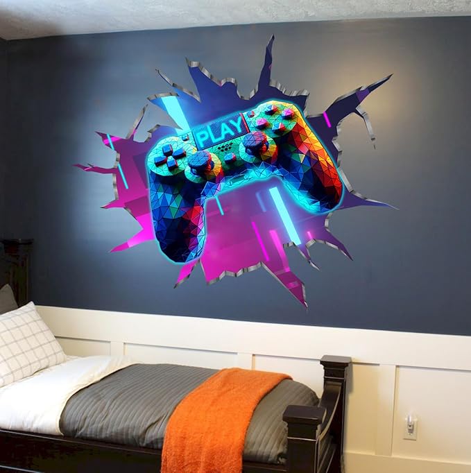 Large 3D Game Wall Decals (35.8”x32.4”), Gaming Break Through The Wall Vinyl Wall Stickers for Game Lover, Removable Video Games Artwork for Boys Playroom Bedroom Decor