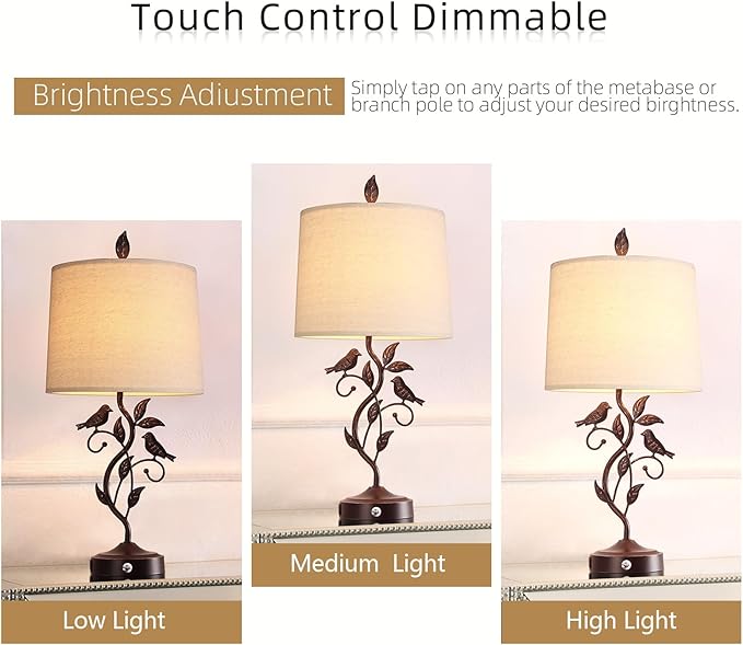 RORIANO 27" Touch Farmhouse Table Lamps for Living Room with 3-Way Dimmable 2 USB Ports, Vintage Rustic Iron Leaf Nightstand Lamp for Bedroom, LED Bulb Included