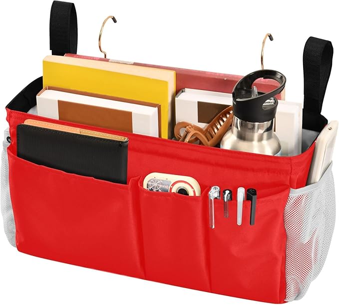 YETTASBIN Red Bedside Caddy Hanging Storage Organizer Bag with 2 Straps & Hooks for Bunk Beds, College Dorm, Hospital Bed - Holder for Books, Phone, Magazine, Glasses, Keys