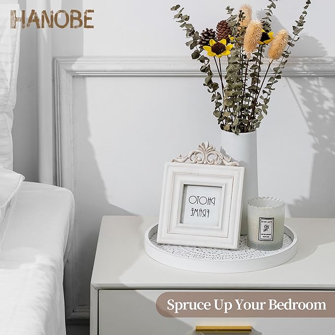 Hanobe Decorative Coffee Table Tray: Round Wood Trays for Boho Home Decor White Farmhouse Rustic Centerpiece for Living Dining Room Ottoman Kitchen Counter 12 Inch