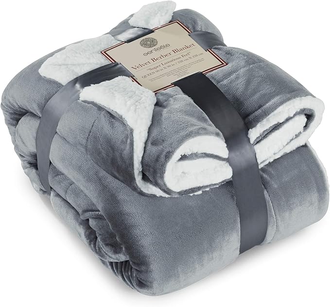 Genteele Sherpa Throw Blanket Super Soft Reversible Ultra Luxurious Plush Blanket, 90 x 90 inches, Gray/White