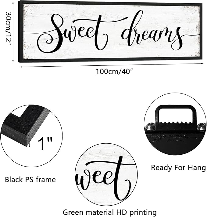Sweet Dreams Wall Decor Above Bed: Wall Art Bedroom Sign - Guest Room Decor - Master Bedroom Farmhouse Decoration Rustic Black Frame Hanging 12 × 40 Large