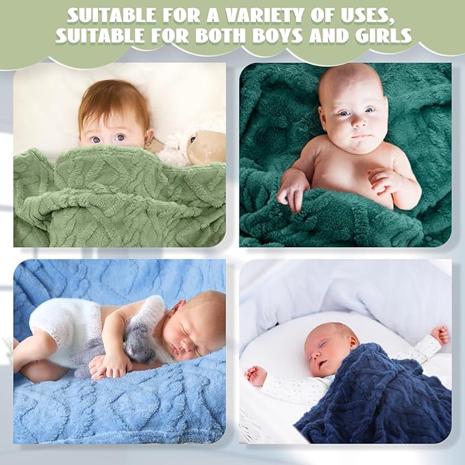 VitalCozy 4 Pcs Soft Fleece Baby Blankets Set 30" x 40" 3D Plush Warm Nursery Swaddling Bed Blanket Little Boys Girls Infant Toddlers and Newborn Receiving Gifts Blankets(Blue,Green)