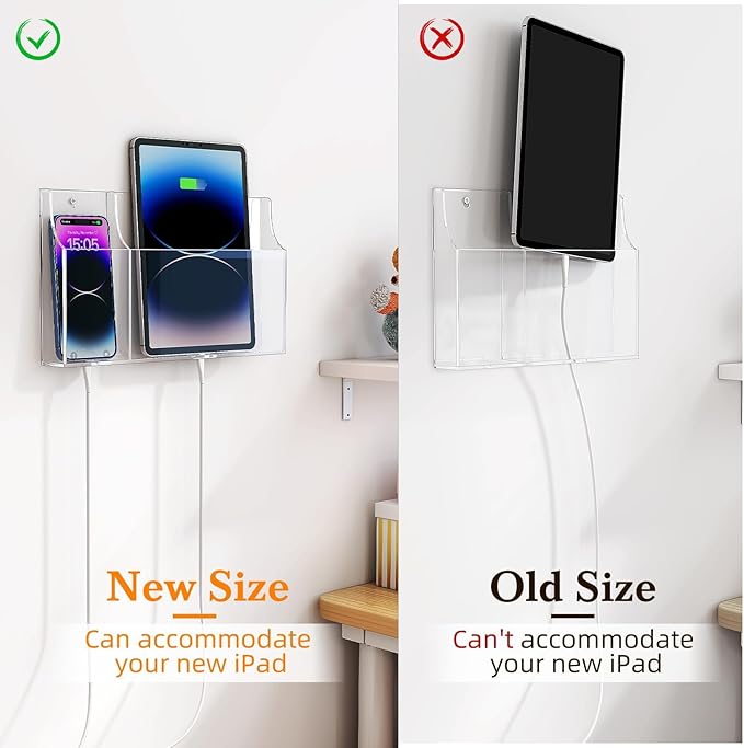 Yoillione Wall Mount Tablet and Phone Charging Stand for Tablet, Smartphone, E-Book, 2 Slots Remote Control Holder for TV, Clear Acrylic Remote Storage Media Organizer Box - Product 2.0 Size Upgrade