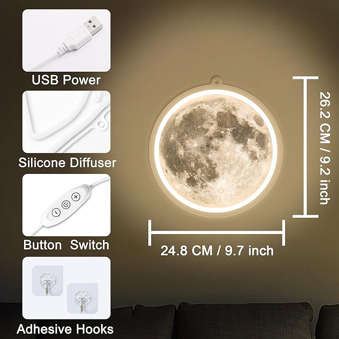 Moon Neon Signs for Wall Decor, Dimmable Neon Sign Moons Led Signs Moon Art Neon Lights for Living Room, Bedroom Gaming Room, Hotel Decor, Cool Birthday Gifts for Friends, Partner