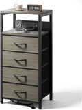 NightStand Bedside Charging Table Bedroom - Night Stand with Charger Station, Modern Nightstand with Open Shelf & 4 Fabric Drawers, End Table with USB-C USB Ports & AC Outlets for Dorm, Grey