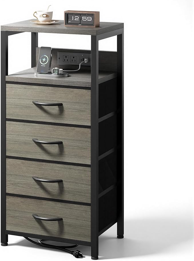 NightStand Bedside Charging Table Bedroom - Night Stand with Charger Station, Modern Nightstand with Open Shelf & 4 Fabric Drawers, End Table with USB-C USB Ports & AC Outlets for Dorm, Grey