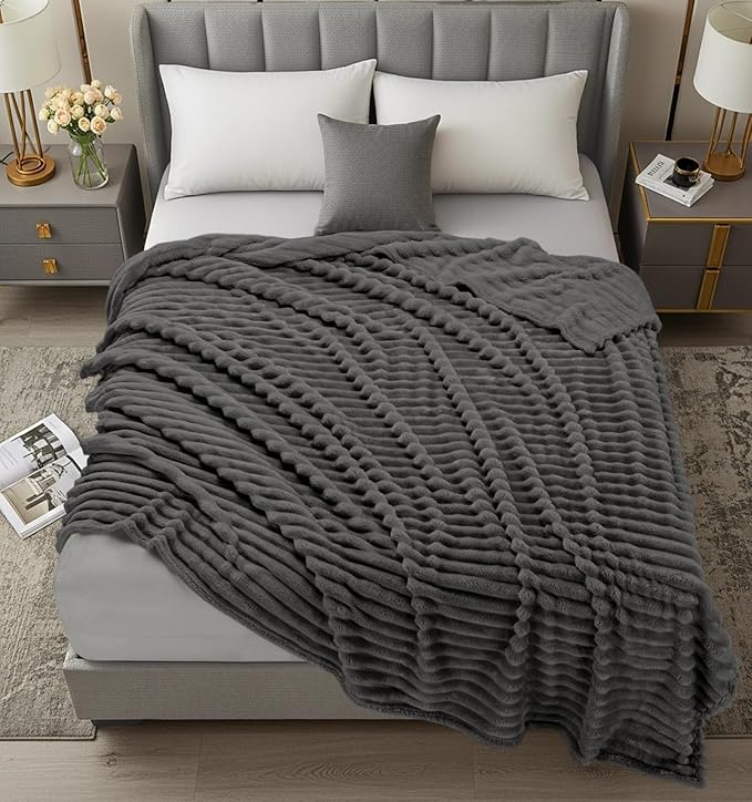 Utopia Bedding Grey Striped Fleece Blanket King Size – Fluffy, Warm & Lightweight Ribbed Throw for Bed, Sofa & Chair - Soft Cozy Blanket for Home Décor & Gifting (90x102 Inches)
