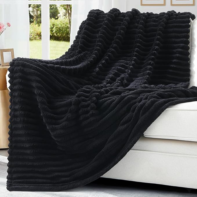 decorUhome Soft Fleece Black Throw Blanket for Couch, Cozy Fluffy Plush Flannel Striped Blanket for Sofa Bed, Lightweight Decorative Ribbed Fuzzy Blanket for Woman, 50x60 Inches