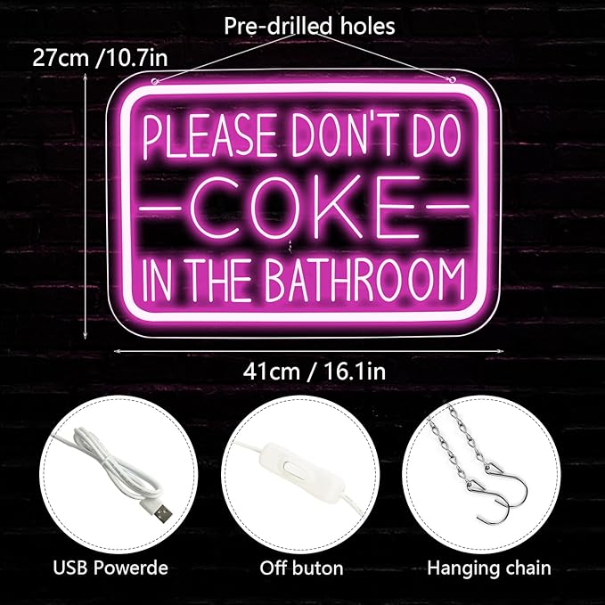Please Don’t Do Coke in the Bathroom Neon Sign for Wall Art，Led Neon Light Decoration of Bathrooms in Bars and Clubs，Restroom、funny bathroom decor，Gifts for Teen Boys
