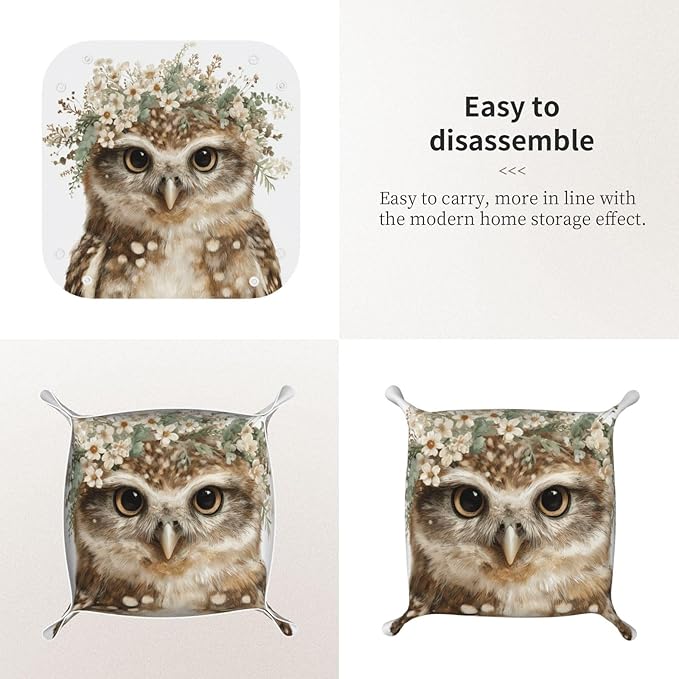 Watercolor Woodland Owl With Floral Crown Wildflowers Valet Tray Leather Desktop Storage Organizer Bedside For Jewelry Keys Coin Candy Sundries