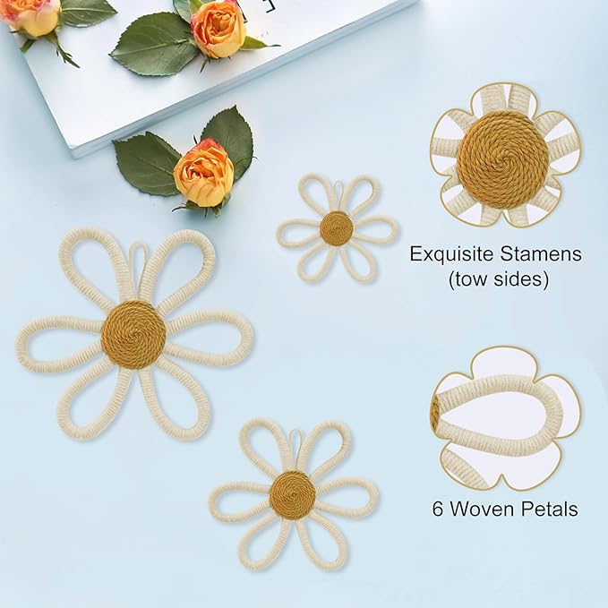 6 Pcs Boho Nursery Daisy Wall Decor, Woven Flowers Wall Hanging Art, Beige Boho Floral Room Decor with Lanyard for Office, Toddler Baby Little Girls Kids Home Bedroom Above Bed Decorations (Beige)