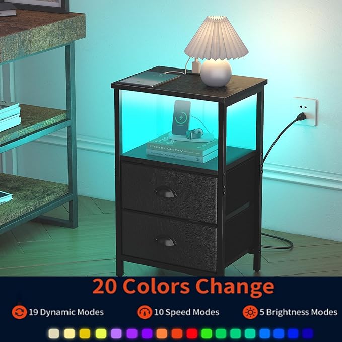 Nightstand with Charging Station, LED Night Stand Set 2, Bedside Table End Table Set of 2, Bedroom Table with 2 Fabric Drawers PU Finish, 3-Tier Storage Side Table for Bedroom,Black