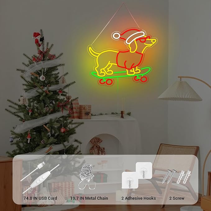 Christmas Neon Sign, Gift for Dachshund Women, Dimmable Dog Lover Gift for Christmas Decorations USB Powered 14.9x13.4in