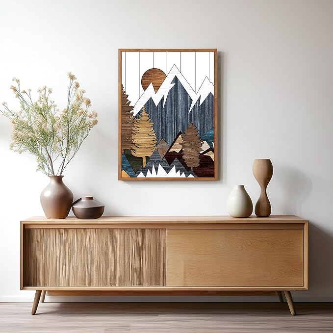 CHDITB Mountain Framed Canvas Wall Art Set Of 3,Country National Parks Artwork Modern Nature Wall Decor, Wood Mountain Wall Painting,Woodcut Nature Art Prints For Bedroom Living Room Decor(12X16 Inch)
