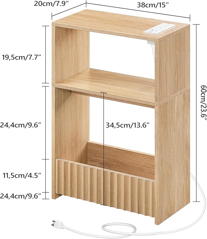 Small Narrow Side Table with Open Storage Shelves, 3-Tier Skinny End Table with Charging Station for Small Space, Slim Nightstand, Skinny Couch Side Table for Living Room, Bedroom, Natural ETNA751E01