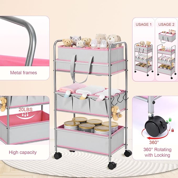 2in1 Baby Diaper Caddy Organizer Cart 3 Tier Large Capacity Metal Utility Bedside Rolling Cart with Divider Newborn Registry Nursery Essential Must Have Bedroom Gift Baby Shower(Pink)