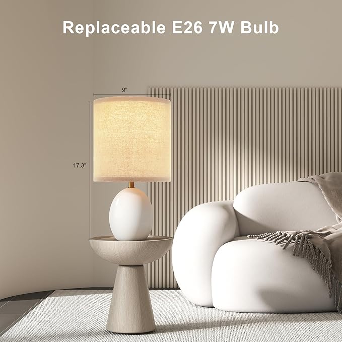 18.5" Table Lamp Set of 2 for Living Room Bedroom, Bedside Lamps for Night Stands, Desk Nightstand Lamp Dimmable, Modern Linen Cream Ceramic Lamps (White-B)