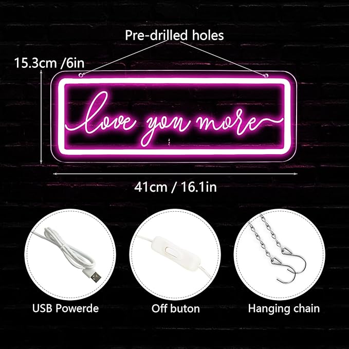Love You More Neon Sign，LED Neon Lights For Wall Decor，Love Light Up Night Light For Bedroom Wedding Birthday Party Decoration Couple Lovers Valentine's Day Gift