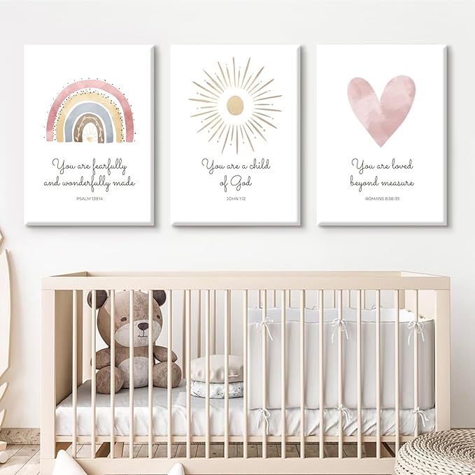Boho Nursery Wall Art 3 Pieces Bible Verse Nursery Canvas Wall Decor Christian Baby Girls Wall Art Heart Rainbow Sun Pictures Boho Sunshine Prints for Girl Baby Kid Room 16x24 Inch Wrapped Canvas