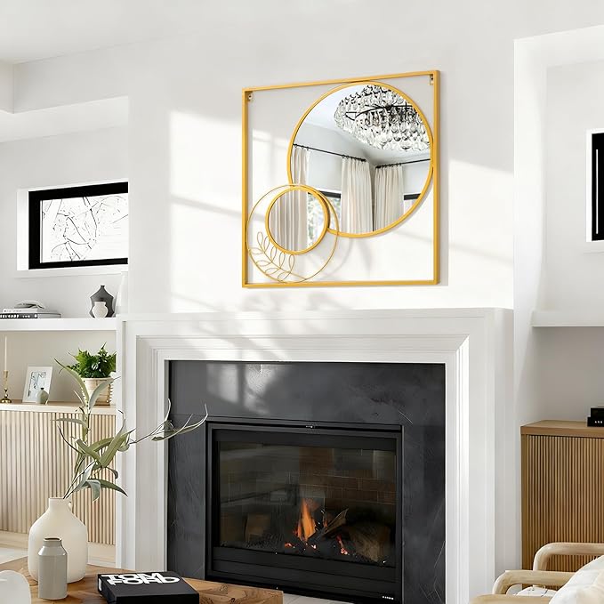 Gold Wall Mounted Mirror Set, Golden Metal Framed Square Mirror Modern Art Mirrors for Bedroom Living Room Bathroom 24x24 Inch Decor