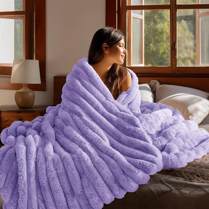 BEDELITE Faux Fur Throw Blanket for Couch, Soft and Cozy Luxurious 3D Striped Fluffy Blanket, 770GSM Thick Warm Plush Fuzzy Faux Rabbit Fur Blanket for Women Gift (Lavender, 60"x 80")