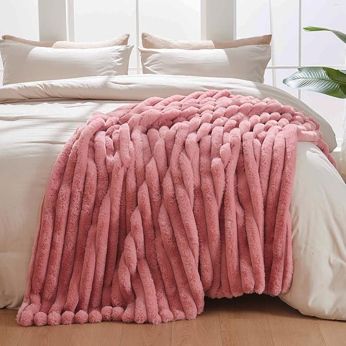 Lotus Karen Fluffy Faux Fur Throw Blanket for Couch Bed, Large 650GSM King Size Cozy Soft Warm Rabbit Fur Striped Pink Blanket for Women, Luxury Throw for Gift Home Decor (Pink, 104x90 Inch)