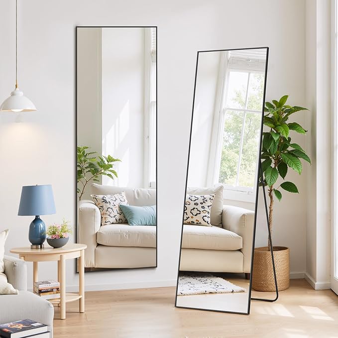 Full Length Mirror 59"x16" Full Body Mirror Rectangle Free Standing Wall Mounted Leaning Floor Mirrors with Stand Aluminum Alloy Frame for Bedroom Cloakroom, Matte Black