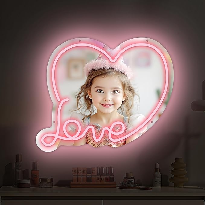 Anime Love Neon Mirror, Cute Makeup Mirror with Led Light, Dimmable Neon Sign for Teen Girls, Decor for Girls Room