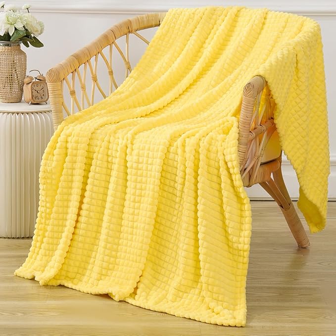 Puncuntex Flannel Fleece Throw Blanket Bright Yellow 60"×80",Super Soft Plush Cozy Blanket with Square Grid Design Luxury for Couch Sofa Chair