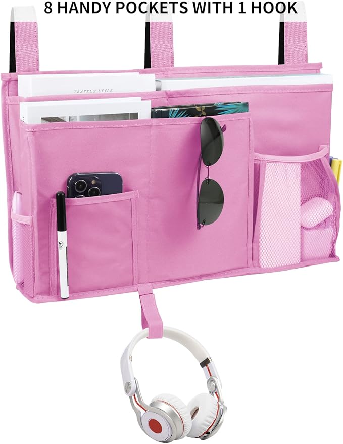 Joyfulife Bedside Caddy, 8 Pockets Organizer, Pink (Caddy for Bunk Beds), Waterproof Oxford Fabric, Durable, Hanging Mount, 19x11x4in, 1.0 Count