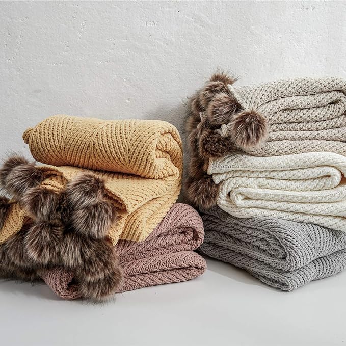 vctops Fur Pom Pom Knit Throw Blanket Super Soft Warm Cozy Cable Knitted Blanket for Sofa and Couch 51 x 63 Inch White
