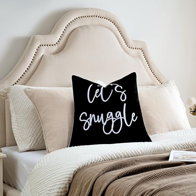 Sunkifover Let's Snuggle Decorative Throw Pillow Cover - 18" x 18" Black and White Cotton Embroidery Suqare Throw Pillowcase for Bed, Bedroom, Living Room, Home Decor