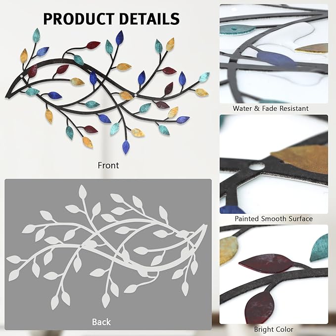 Meltset Metal Tree Leaf Wall Decor, Vine Olive Leaf Branch Wall Art, Wrought Iron Scroll Artwork, Decorative Wall Sculptures Above The Bed, Living Room, Hallway, Indoor and Outdoor（S/Blue）