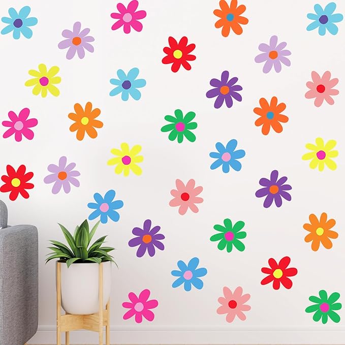 BBTO Daisy Wall Decal Flower Vinyl Wall Decals Daisy Stickers Floral Decals Peel and Stick for Nursery Art Bedroom Living Room(Simple Style,Rainbow Color)